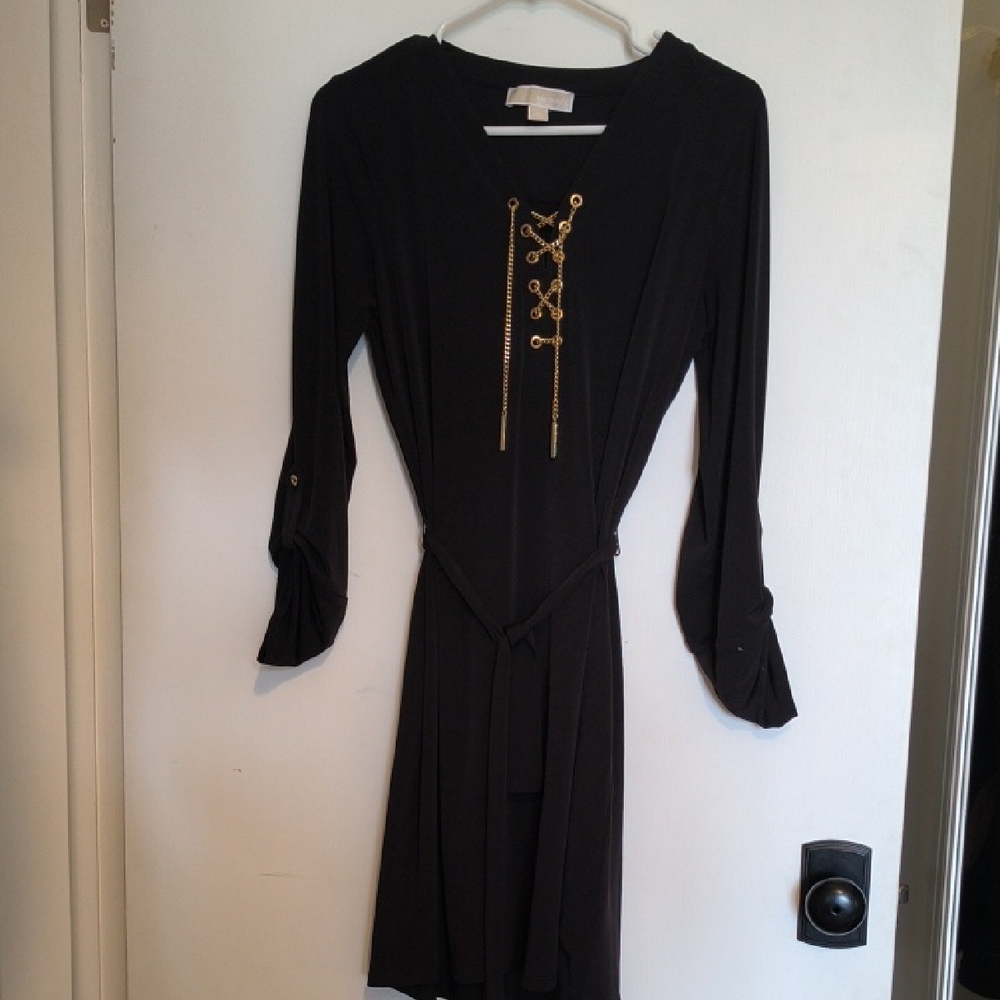 Michael Kors Black Long-Sleeve Lace-Up Dress with Gold Accents